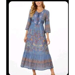 Softsorounding Blue Maxi Dress Embroidered Floral Tassel Tie 3/4 Sleeve Flowy